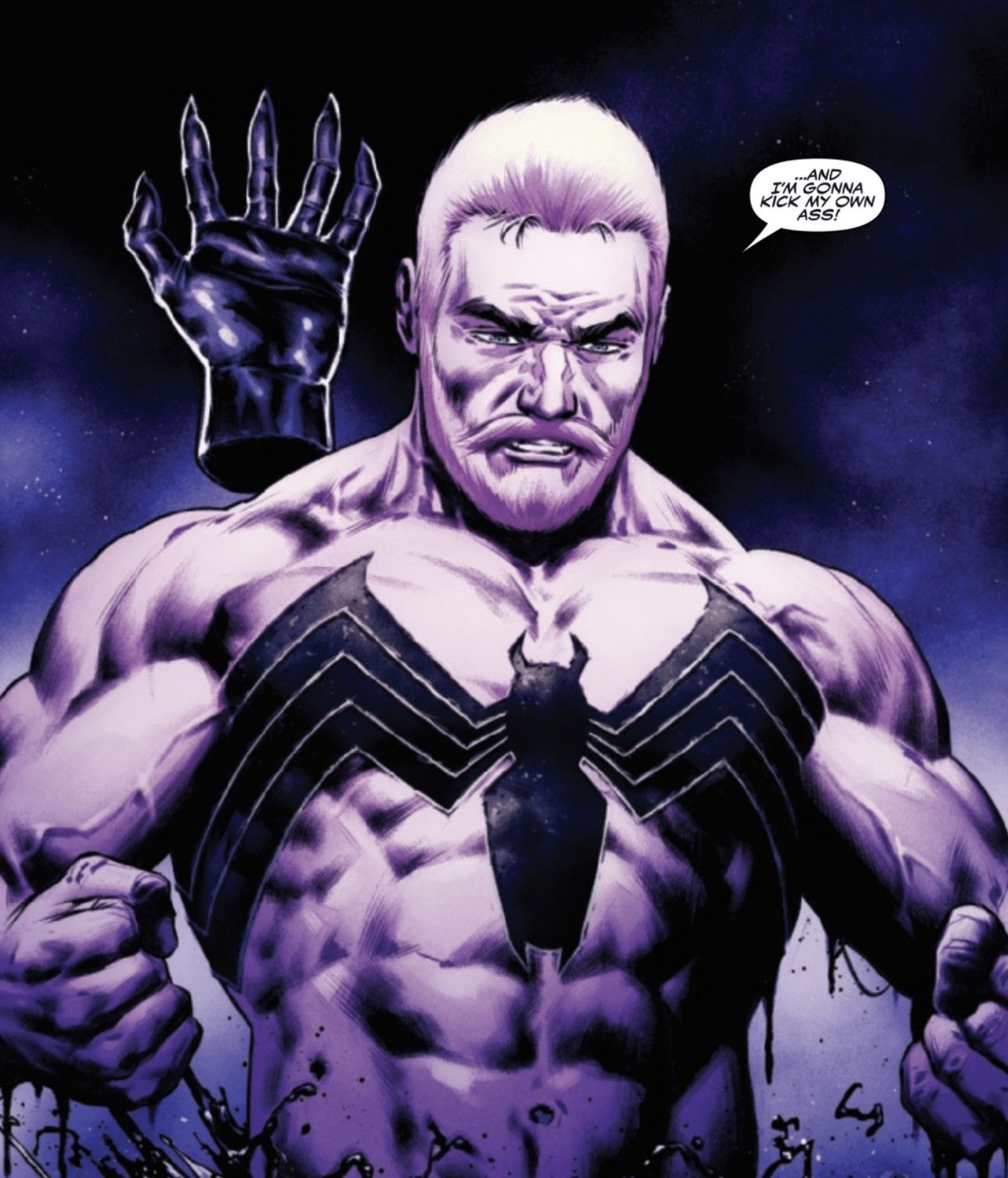 Eddie Brock forms a black Venom logo tattoo across his chest beside the Eventuality in Venom #18 (2023) from Marvel.
