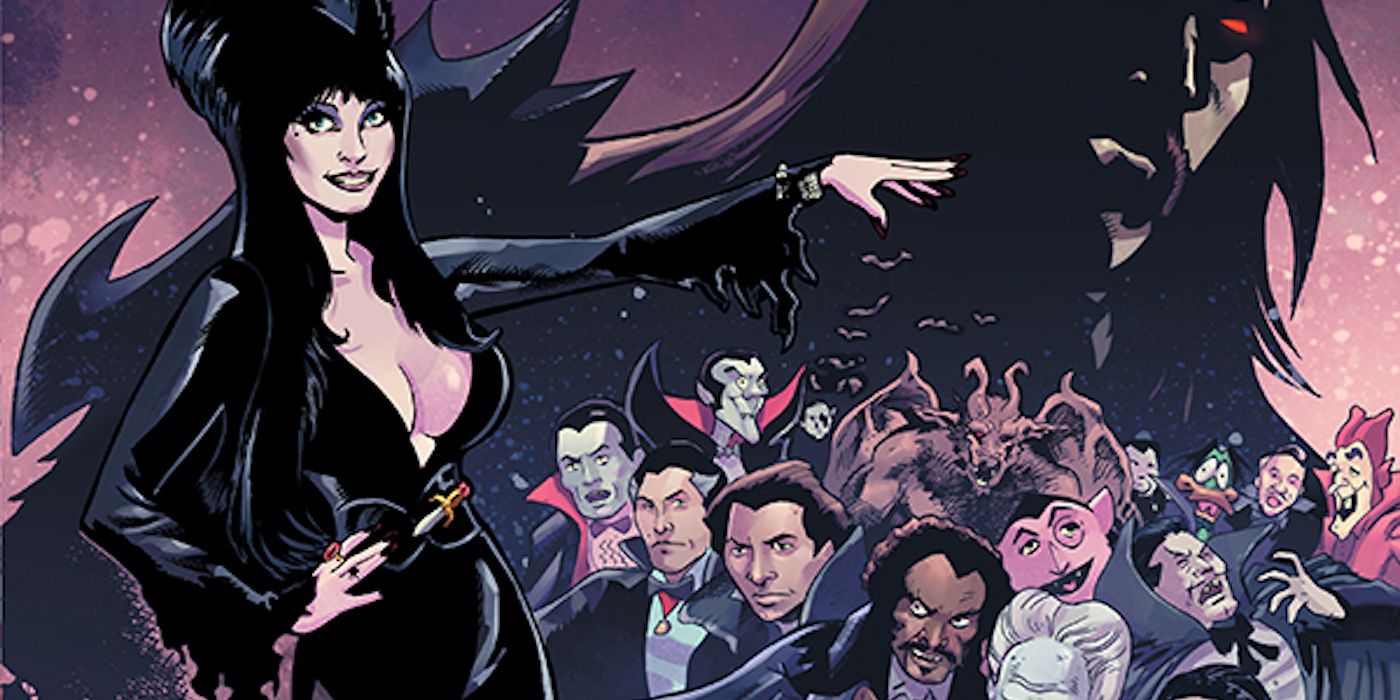 Elvira stands with a horde of vampires