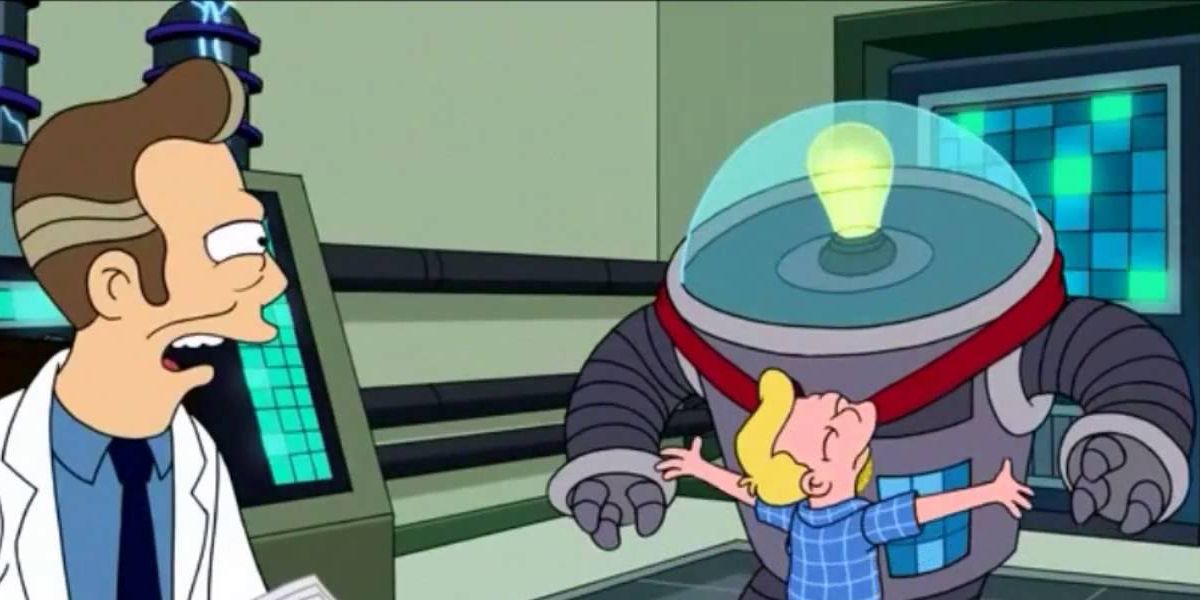 Futurama shows a boy hugging a robot in front of father during a Scary Door parody.
