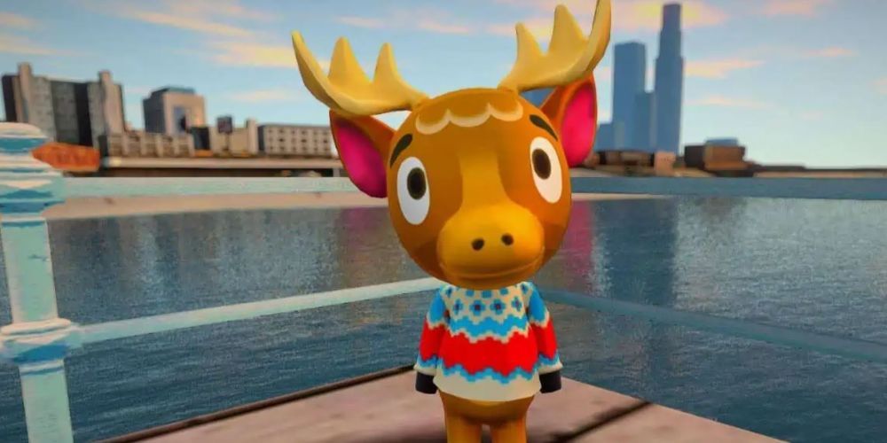 Erik de Animal Crossing em frente a água e arranha-céus.