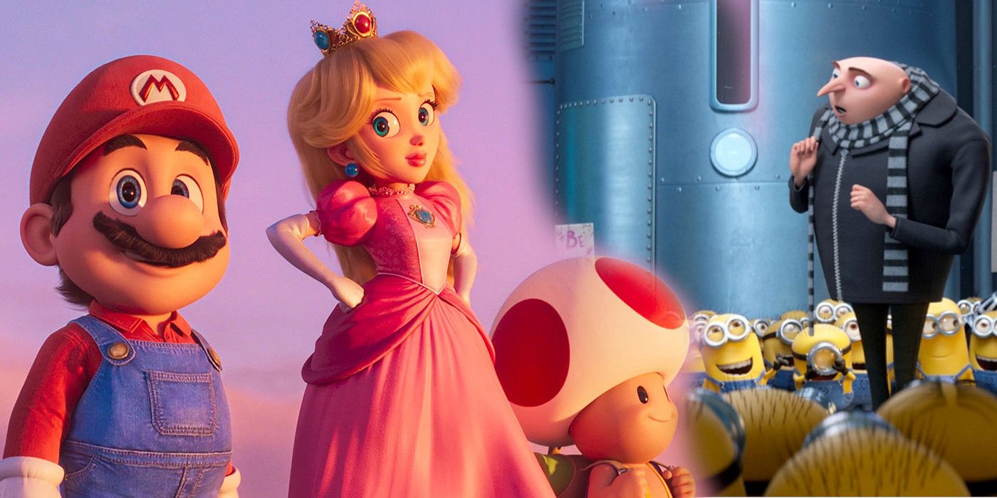 Peach, Mario, and Toad in The Super Mario Bros. movie and Gru and minions in Despicable Me