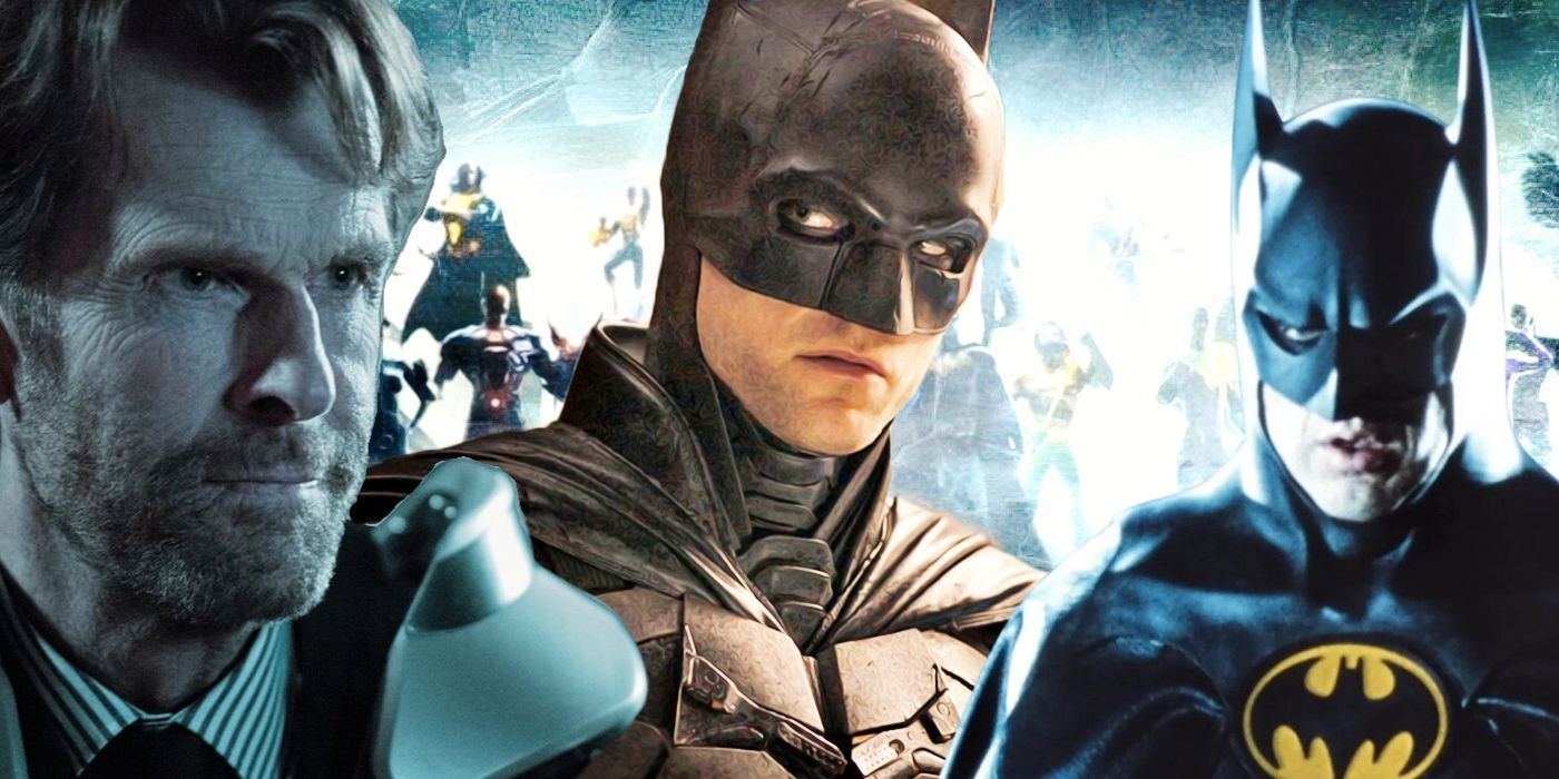 Kevin Conroy, o Batman de Robert Pattinson e o Batman de Michael Keaton na frente de outros heróis da DC.