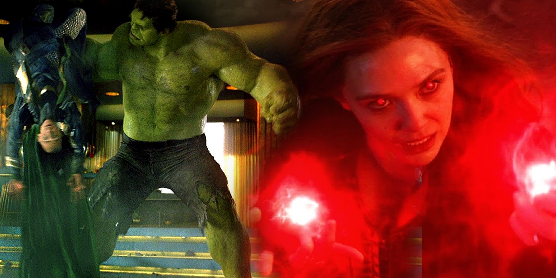 The Hulk beats up Loki in The Avengers and Scarlet Witch exudes her powers in Avengers: Endgame.