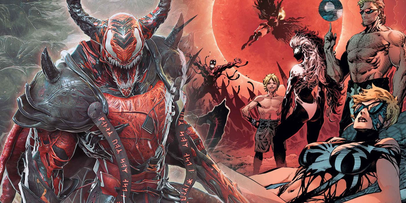 A multiversal Carnage with Asgardian runes and promo for Marvel's Summer Of Symbiotes event