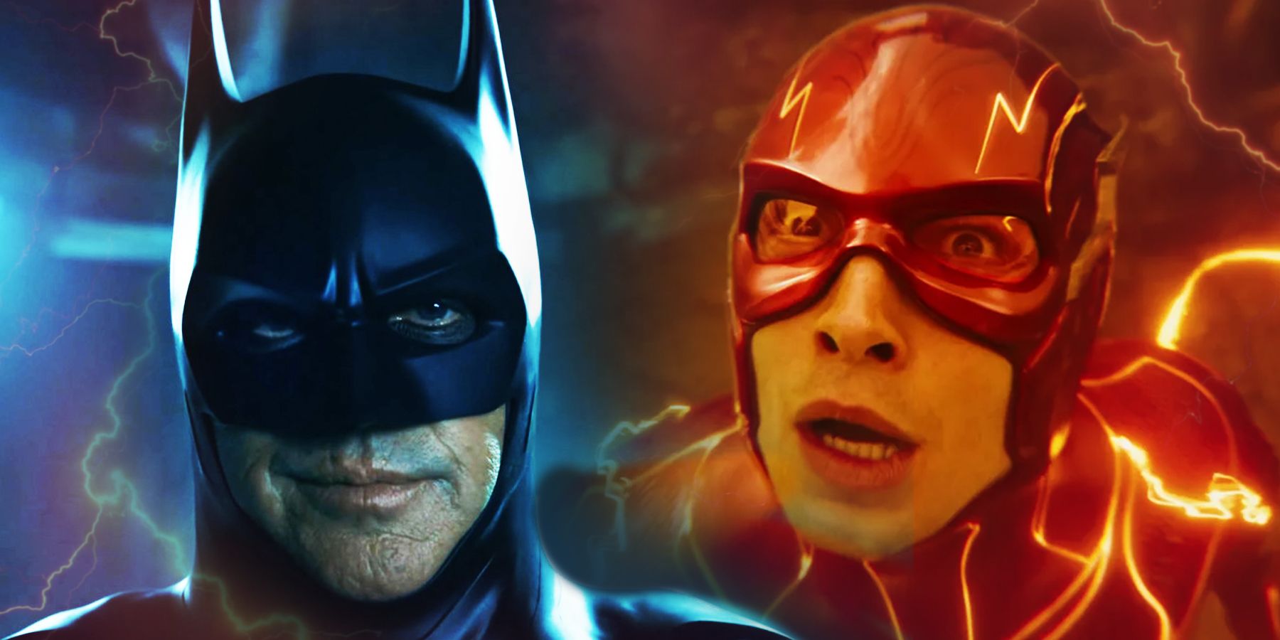 A split image of Michael Keaton as Batman and Ezra Miller as the Flash in The Flash
