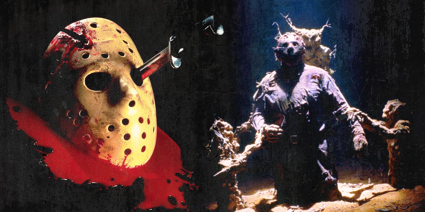 On the left, the mask of Jason from 'Friday the 13th: the Final Chapter' drips with red. On the right, Jason as seen in 'Jason Goes To Hell: The Final Friday'.