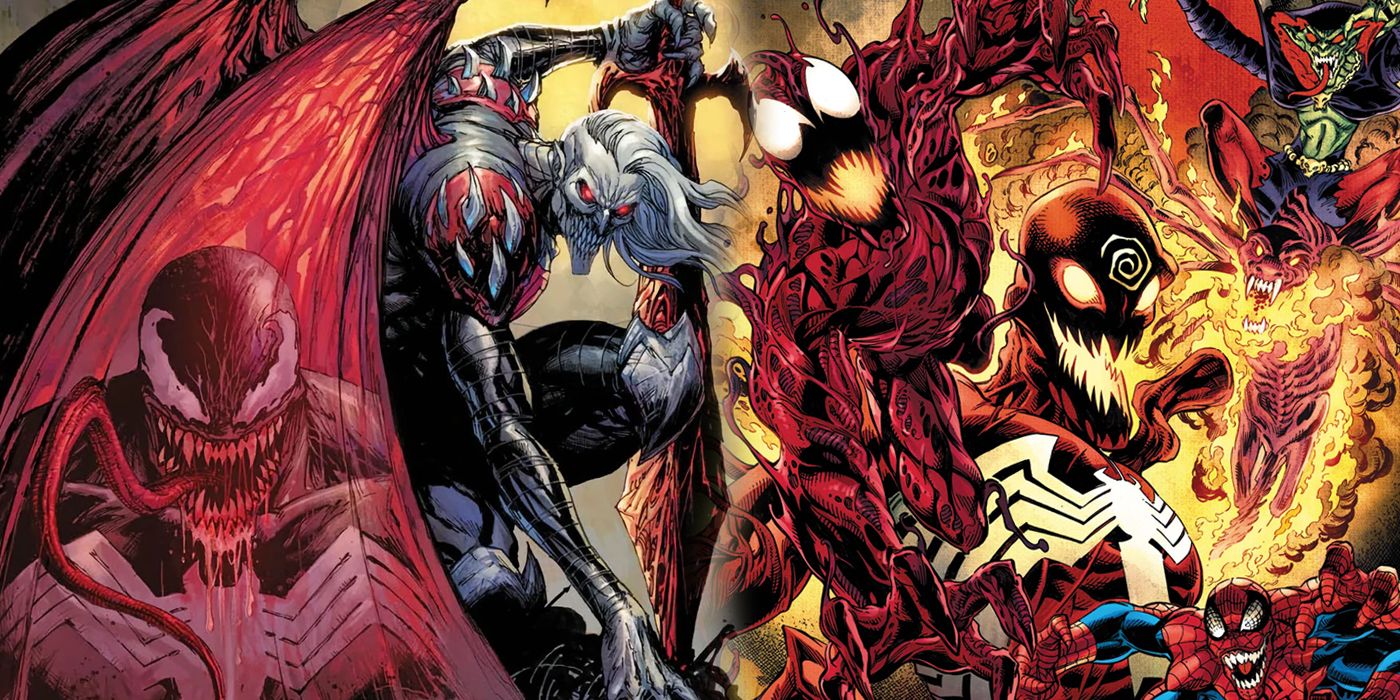 Split image of Knull and Venom with Absolute Carnage's villains in the background