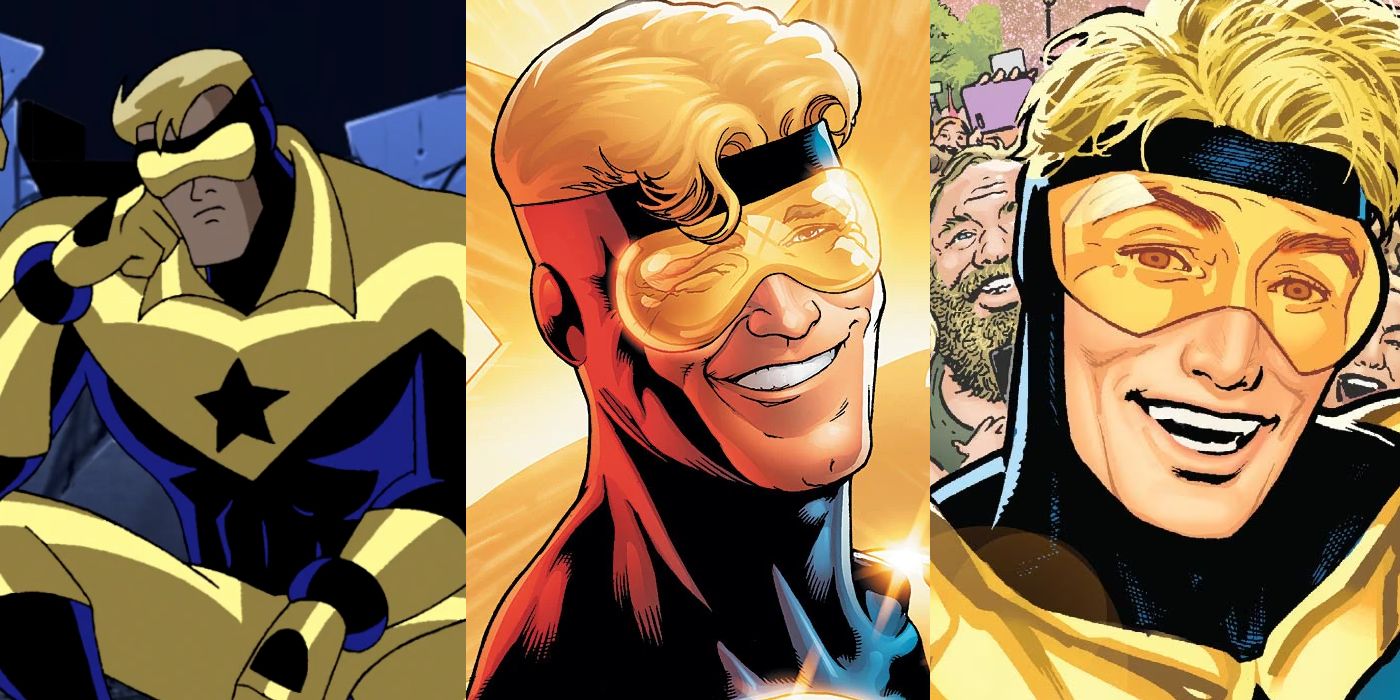 split image of Booster Gold from DC Comics, Blue and Gold and Justice League Unlimited