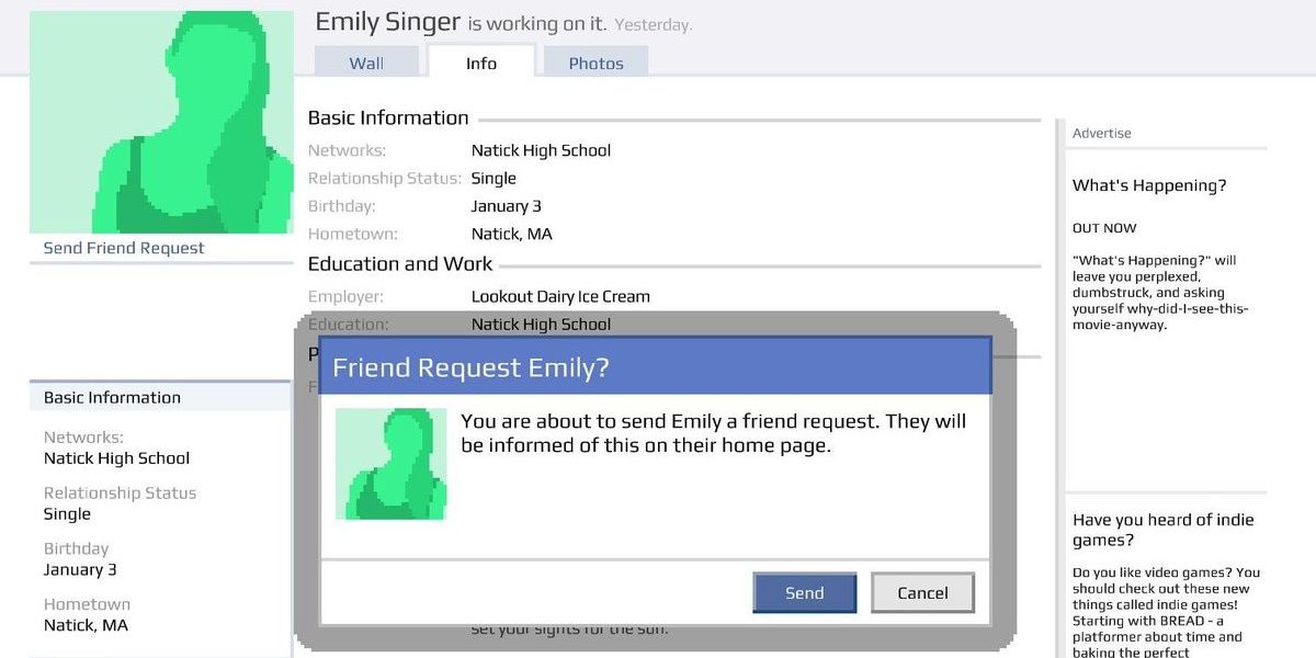 Captura de tela de Emily is Away feita para se parecer com uma interface antiga do Facebook