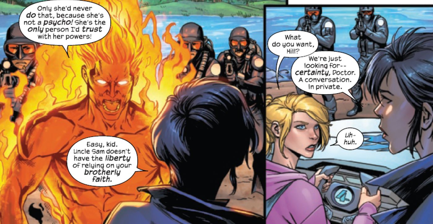 Johnny Storm discute com Maria Hill que Sue não é uma ameaça com seus poderes