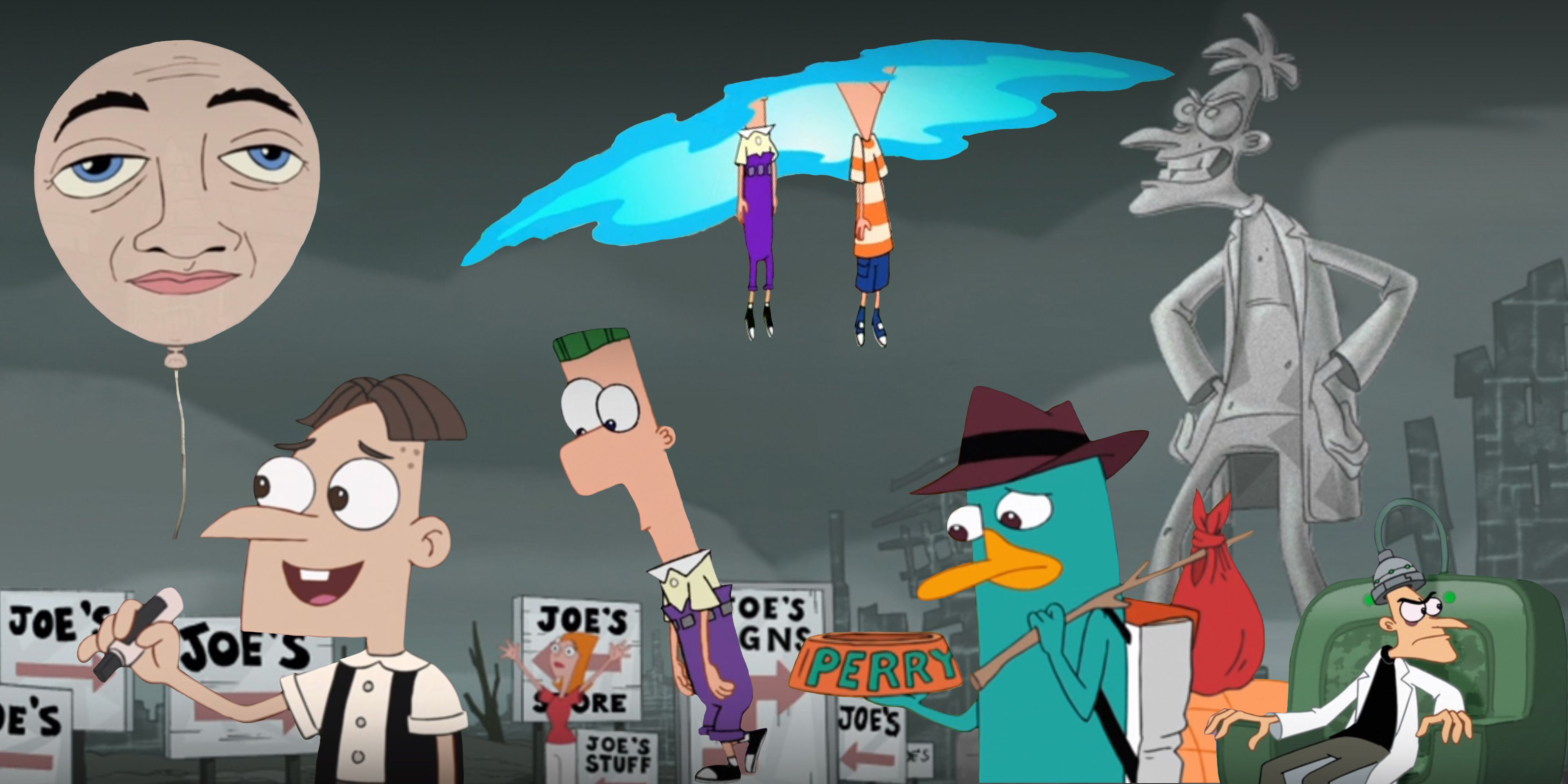 "Phineas and Ferb" Young doofenshmirtz, old candace, ferb, perry, and Ballooney