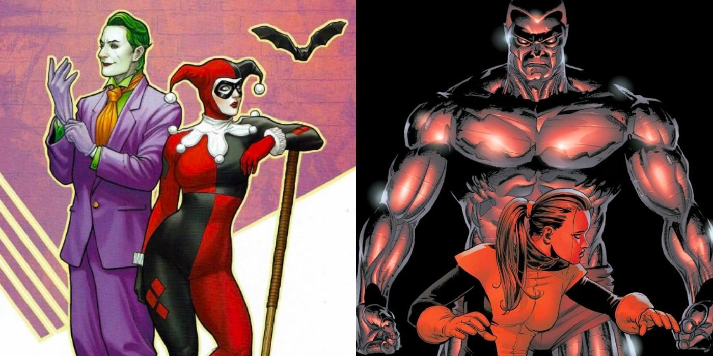 Split image: Kitty Pryde and Colossus and the Joker and Harley Quinn in comics