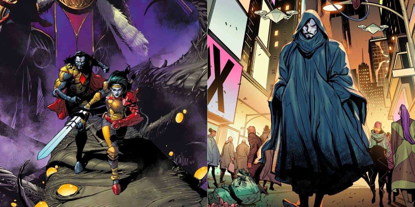 A split image of Mister Sinister and Rasputin IV in hiding and on the run