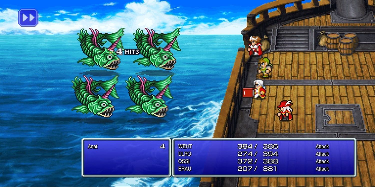 Final Fantasy III - Party fighting fish monsters aboard a boat