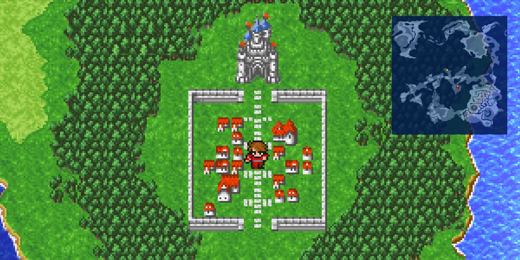 Un joueur de Final Fantasy Pixel Remaster quittant une ville, mini-carte dans le coin supérieur droit