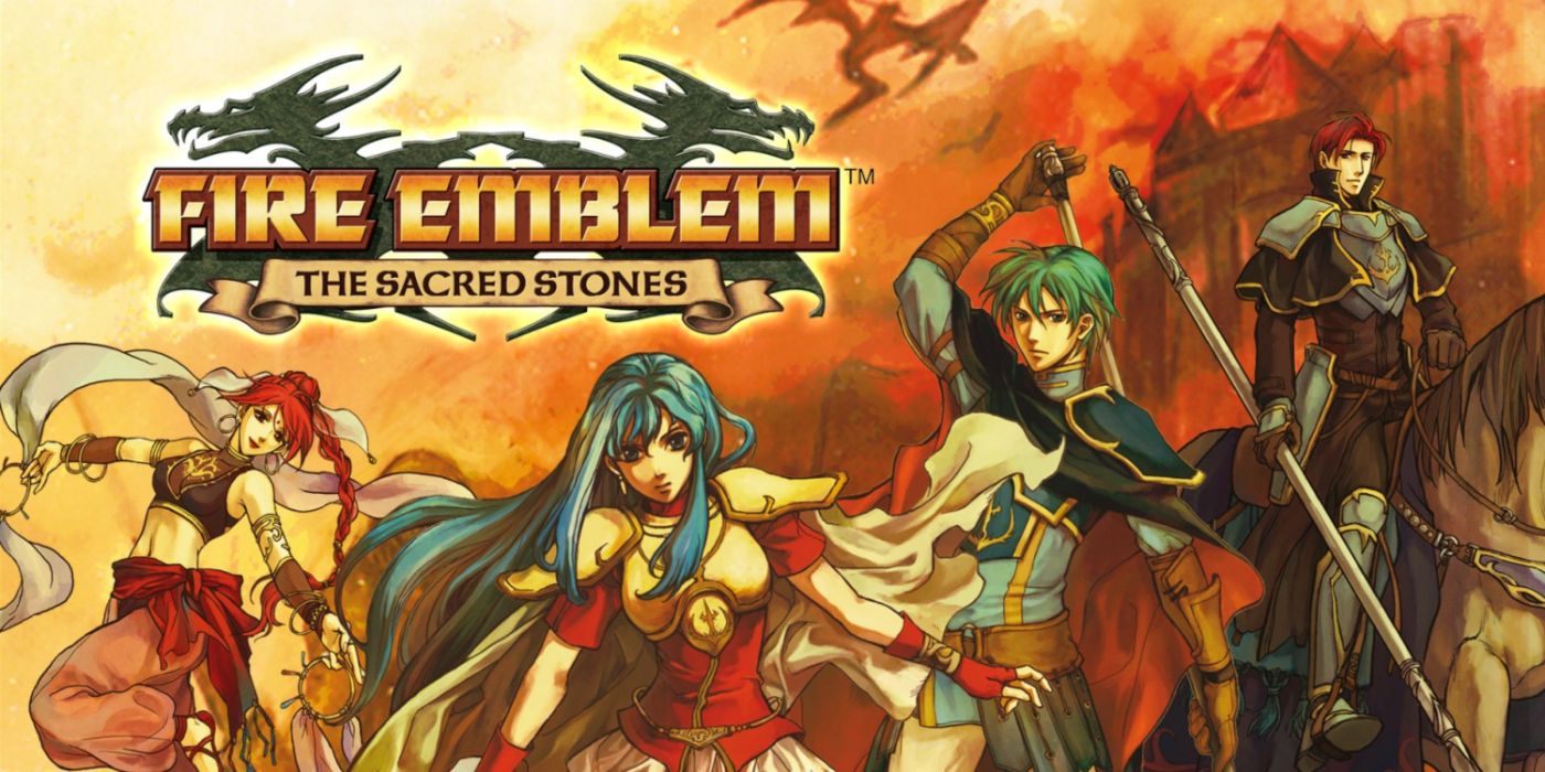 Arte principal de Fire Emblem: The Sacred Stones apresentando o elenco principal em uniforme para a batalha.