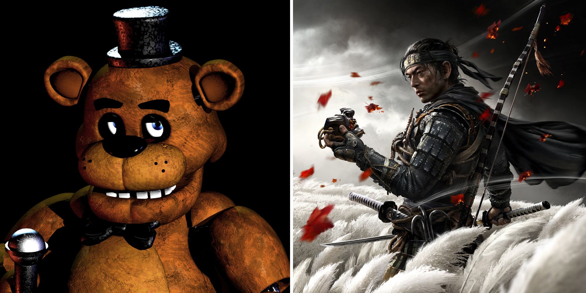 Freddy Fazbear on the cover of Five Nights at Freddy's and Jin Sakai on the cover of Ghost of Tsushima