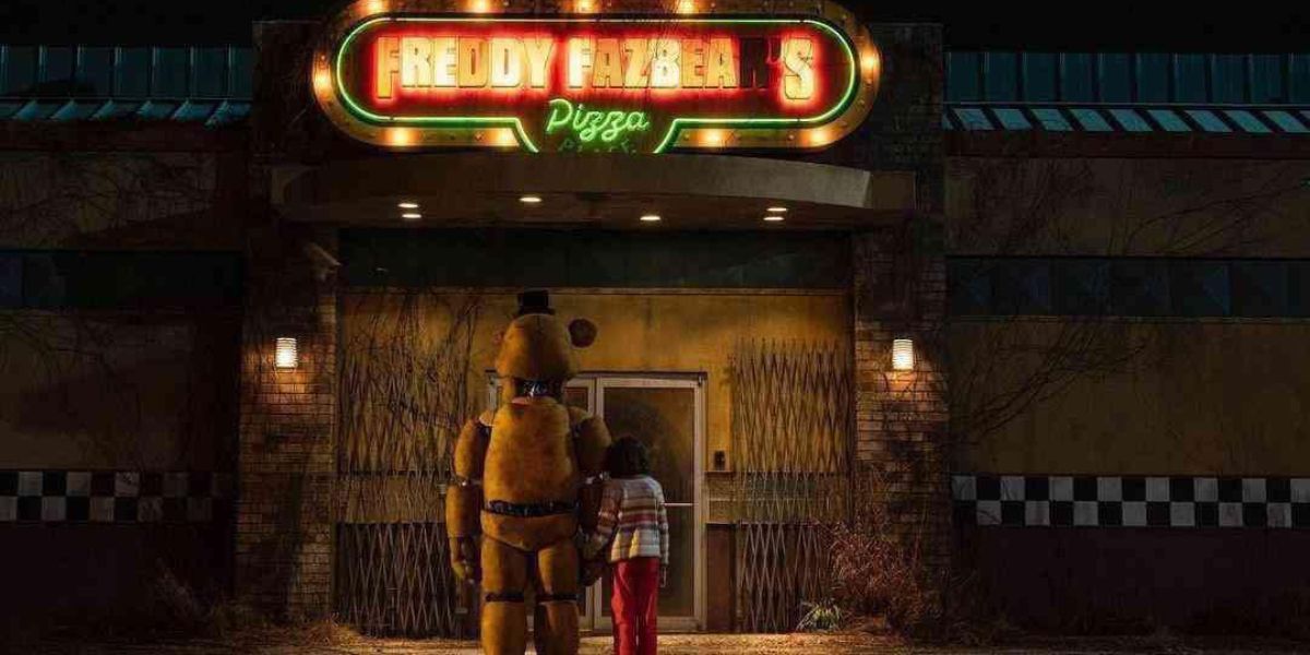 Freddy holds a child's hand in front of Freddy Fazbear's pizza in Five Nights At Freddy's