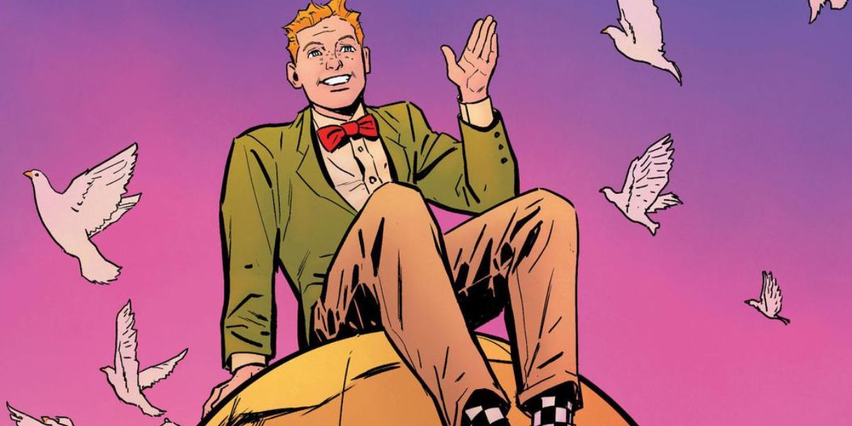 Jimmy Olsen sits on top of the Daily Planet.