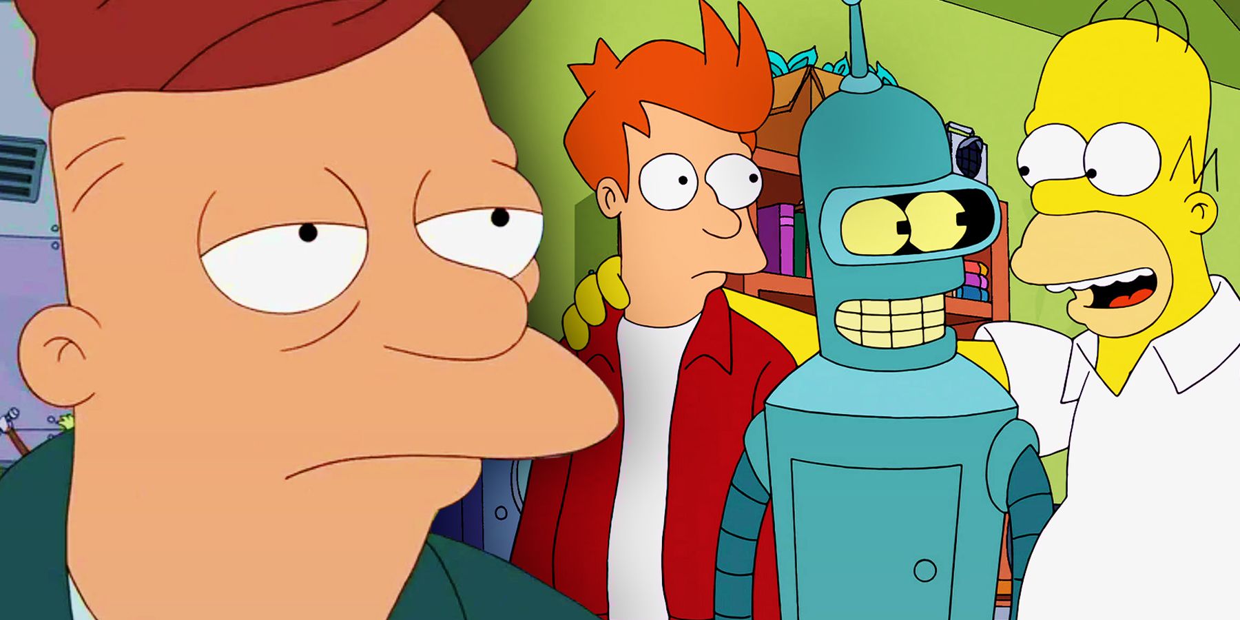 On the left, Scruffy looks depressed without his mustache. On the right, Homer Simpson puts his arm around Bender and Fry, who look puzzled.
