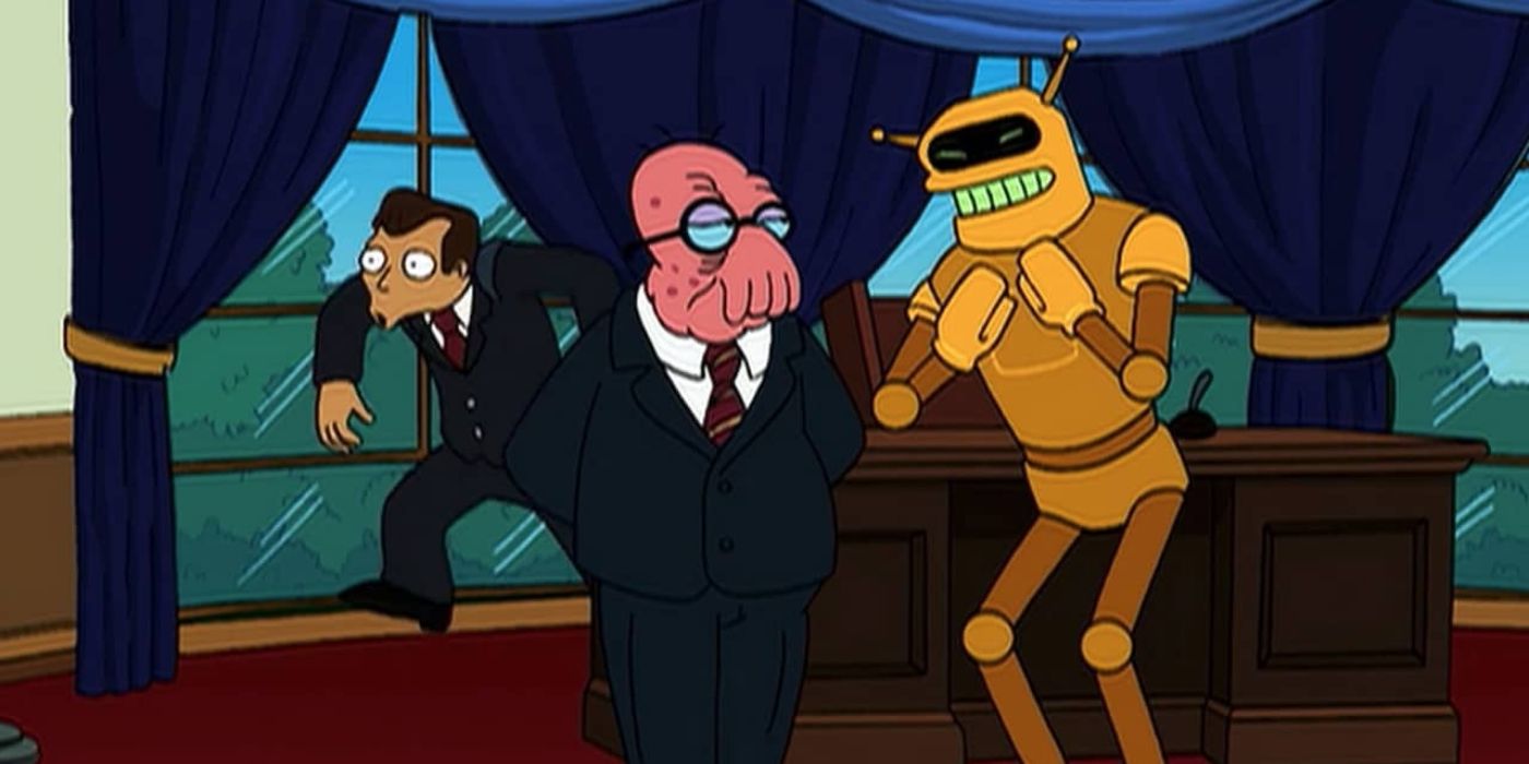 Harold Zoid de Futurama olha com desaprovação para um sorridente Calculon