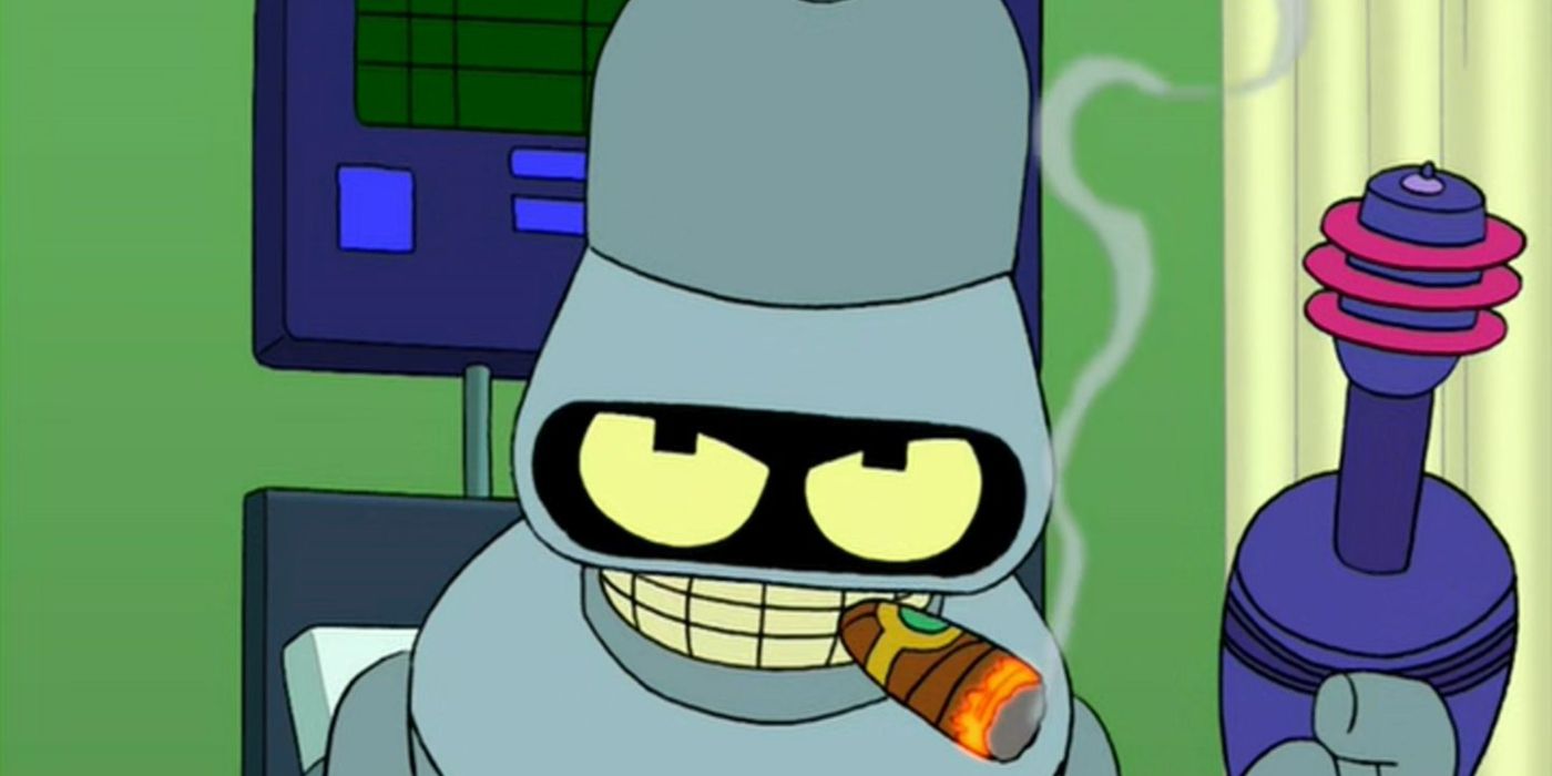 Futurama's Bender stares at the viewer while smoking and holding a prop gun