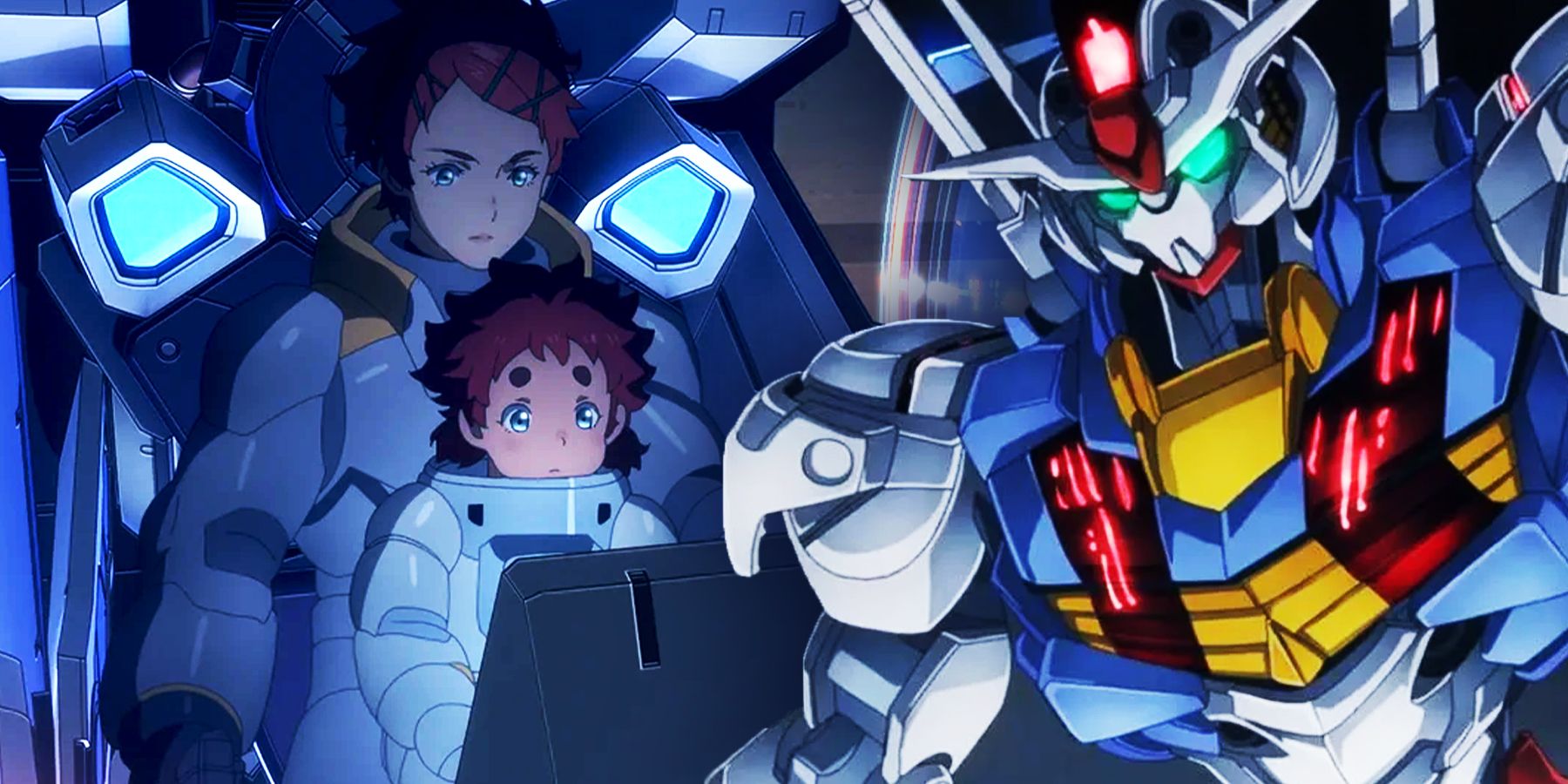 On the left, Ericht Sumaya looks at a monitor with Prospera. On the right, Gundam Aerial is posed.  