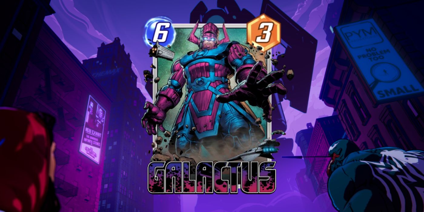 O cartão de Galactus em um fundo promocional no Marvel Snap