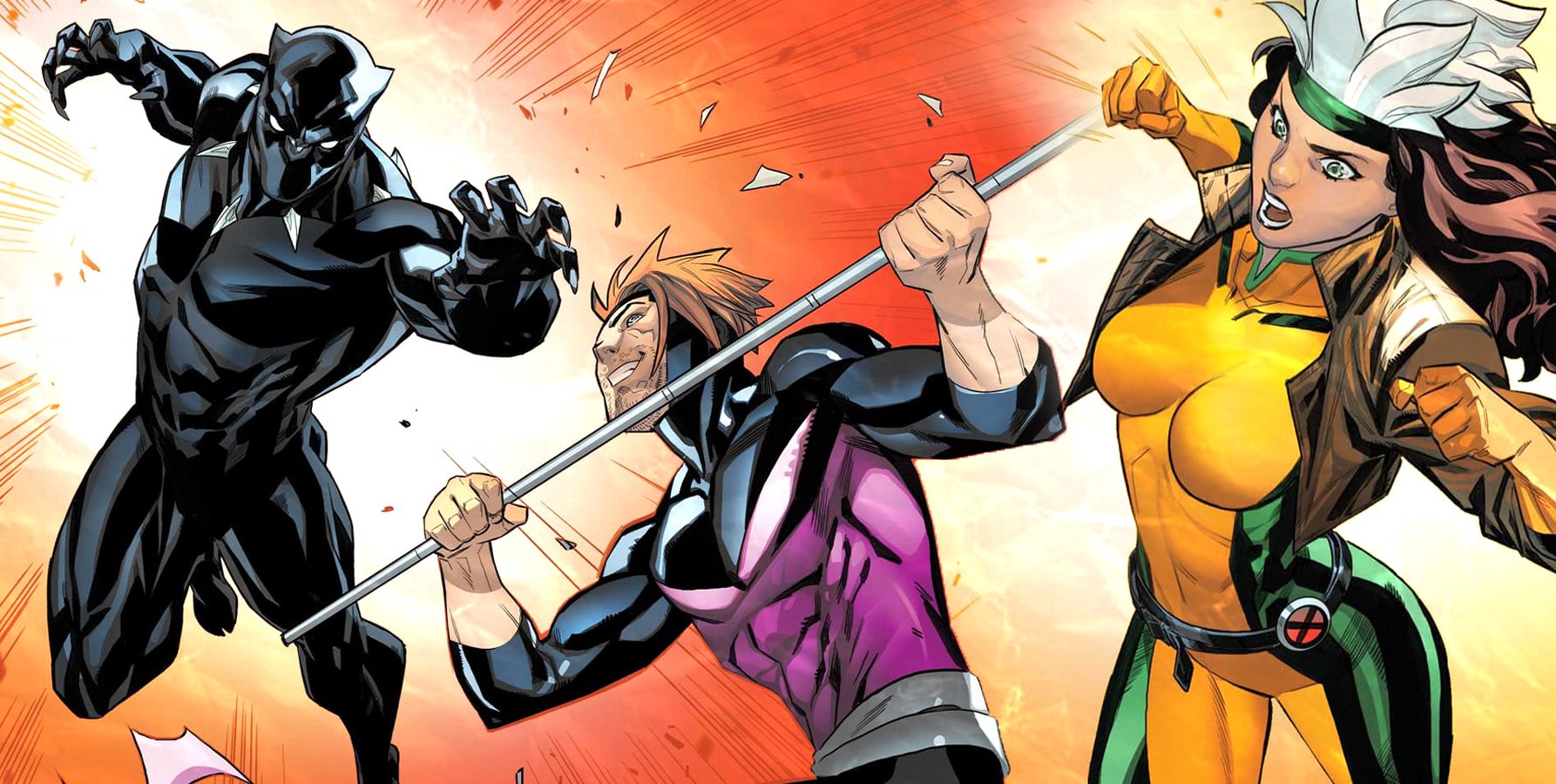 Rogue and Gambit jump up to meet a leaping Black Panther in combat.
