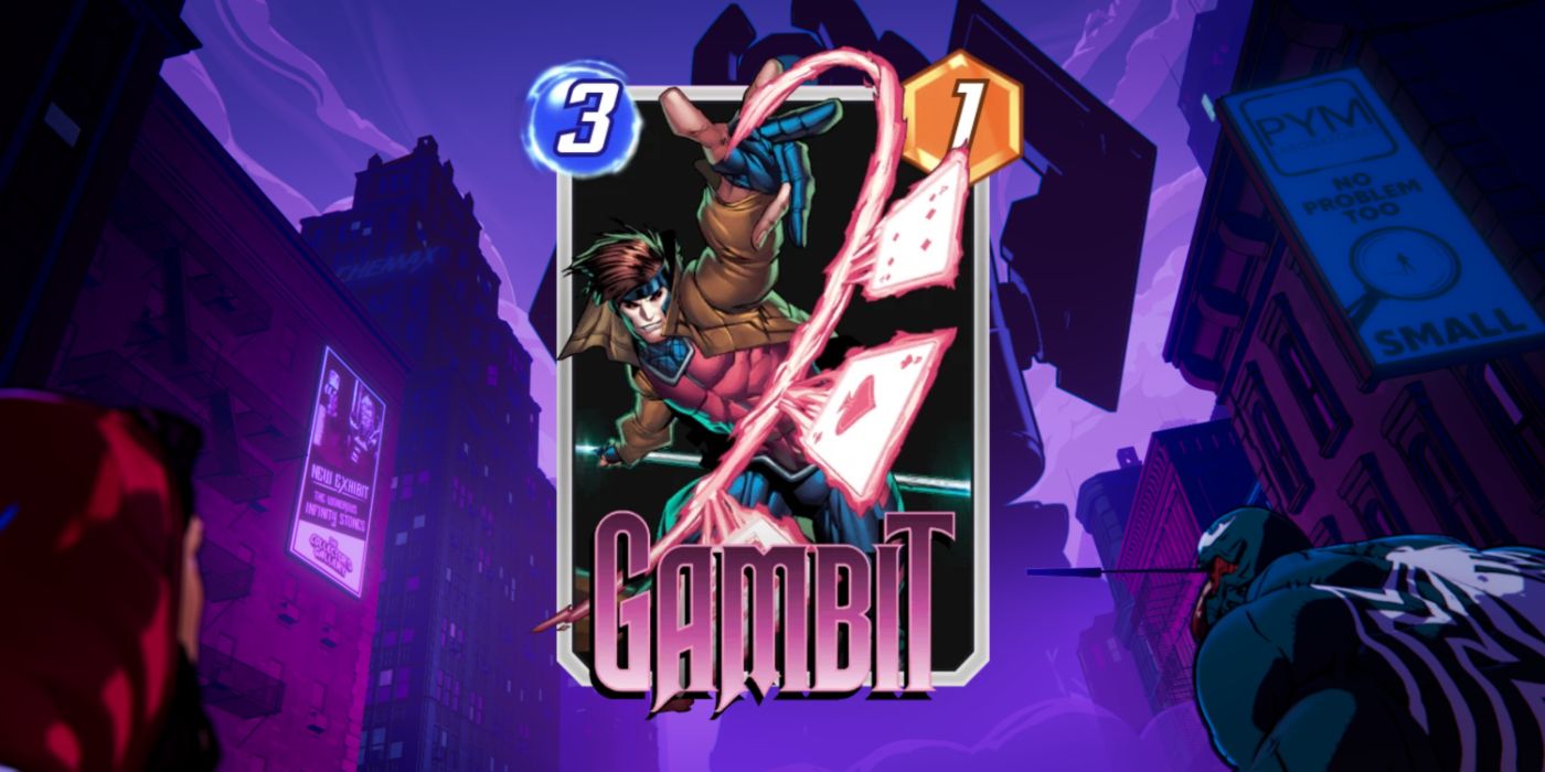 Cartão de Gambit em Marvel Snap contra imagem promocional