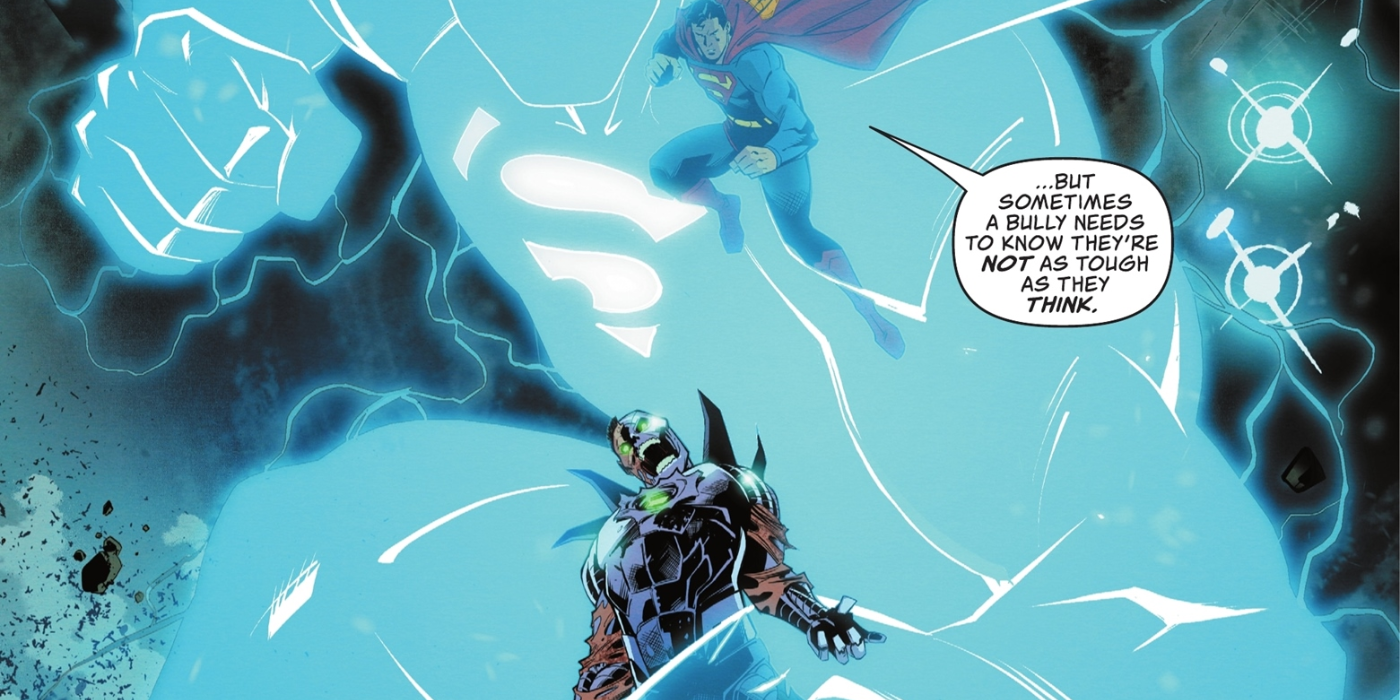 Superman alimentado por Gênesis segura um Metallo derrotado