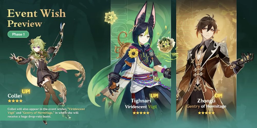 Uma prévia do desejo para a atualização 3.6 do Genshin Impact, apresentando Collei, Tighnari e Zhongli