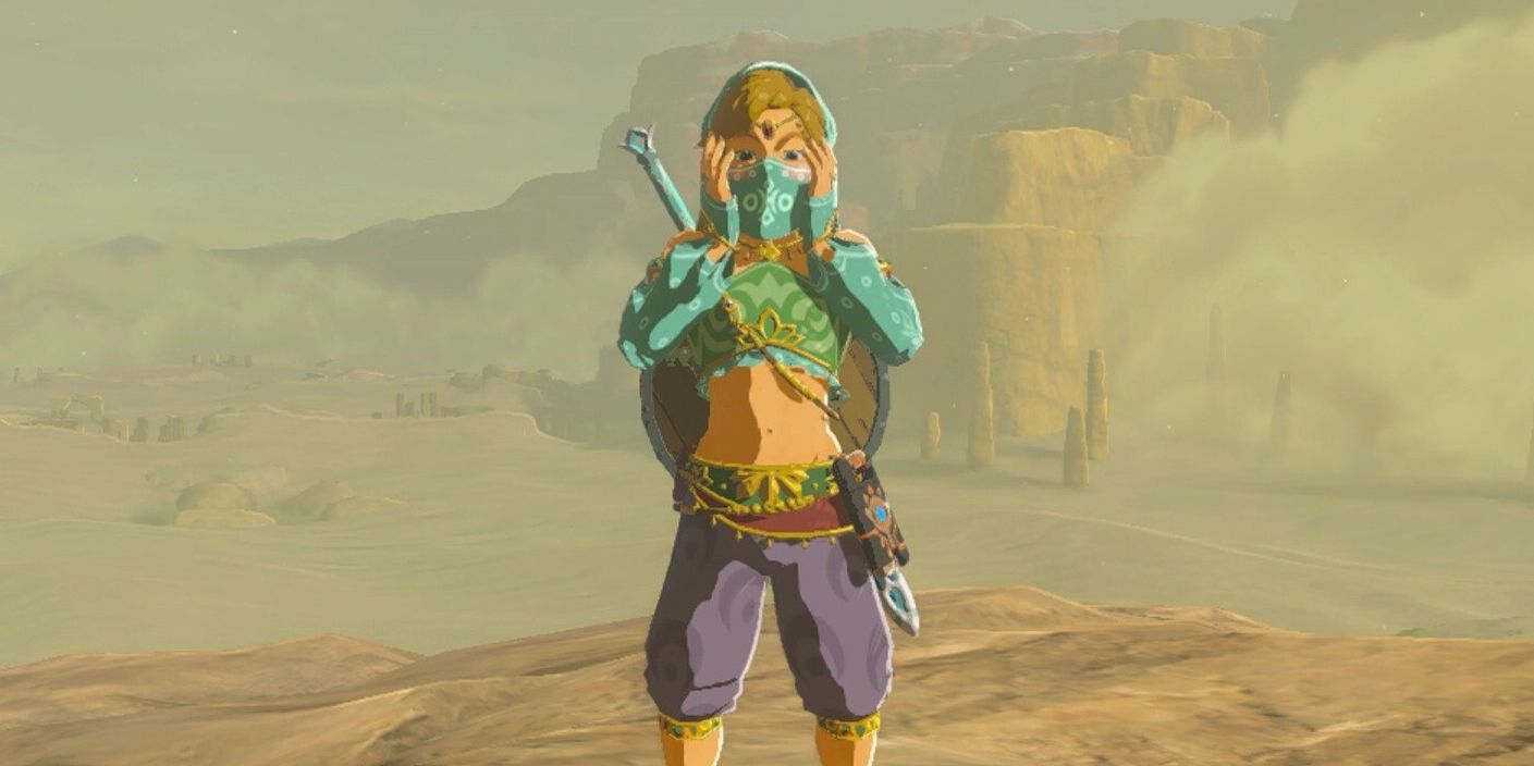 Link vestindo uma armadura Gerudo ambientada em Breath of the Wild