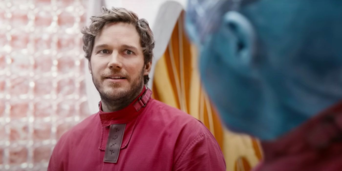 Peter Quill/Star-Lord (Chris Pratt) smiling and looking at Nebula (Karen Gillan) in Guardians of the Galaxy Vol. 3