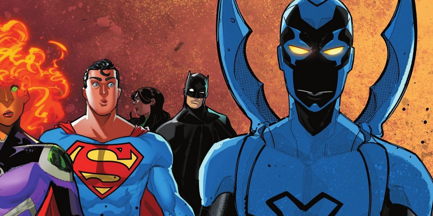 Blue Beetle confronts the Horizon with Superman and Batman. 