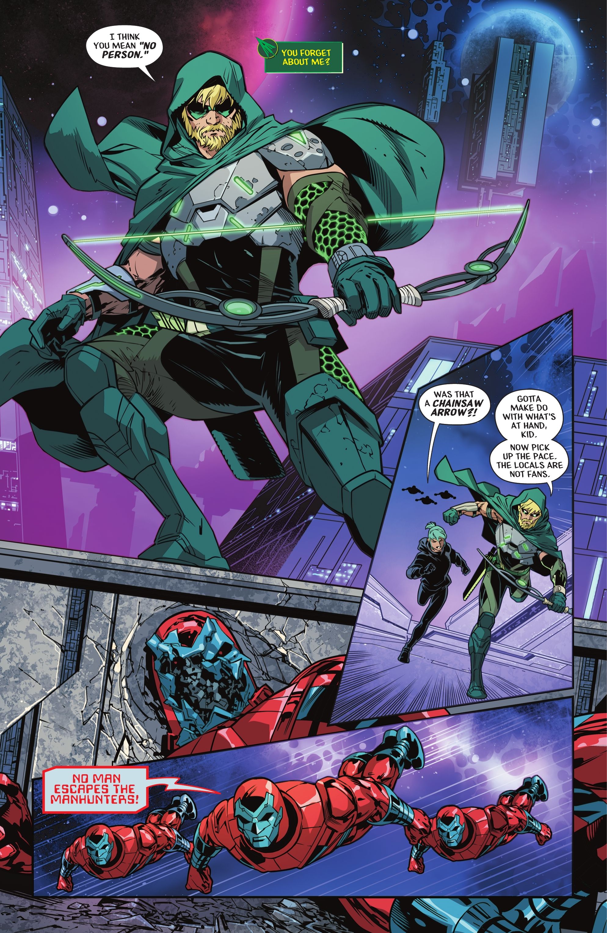 Green Arrow shows off his new outfit and weapon