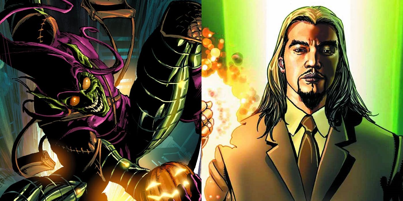 Split Image: Green Goblin on his glider and the Mandarin in a suit and tie with a burning hand