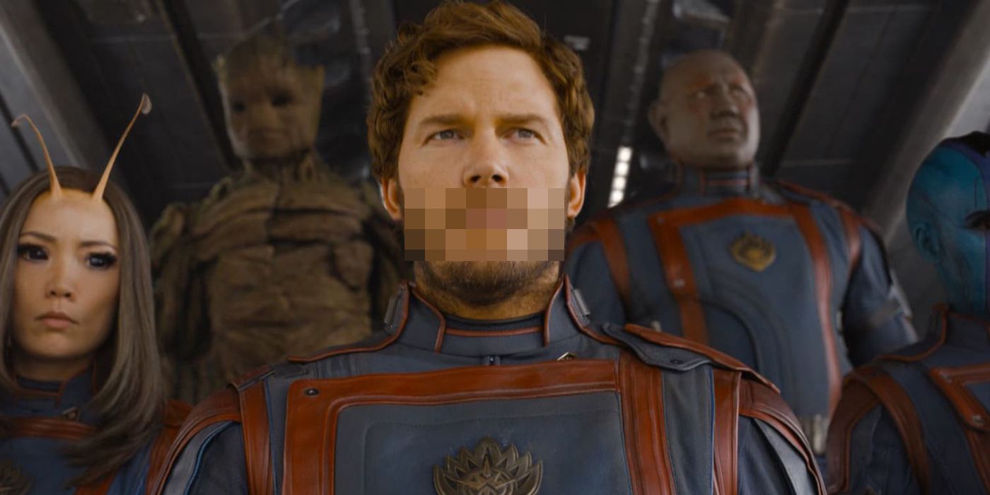 A screenshot from Guardians of the Galaxy Vol. 3 in which Star-Lord's mouth is covered by mosaic pixelation.