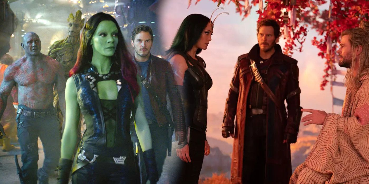 A combined image of Gamora, Mantiss, Star-Lord, Drax, Groot, and Thor in various MCU movies