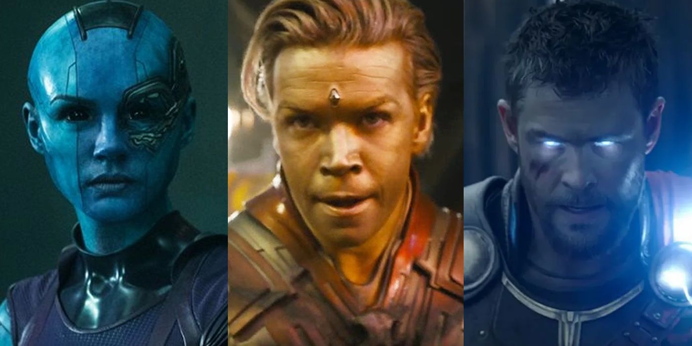 Split Image: Nebula (Karen Gillan), Adam Warlock (Will Poulter), and Thor (Chris Hemsworth)