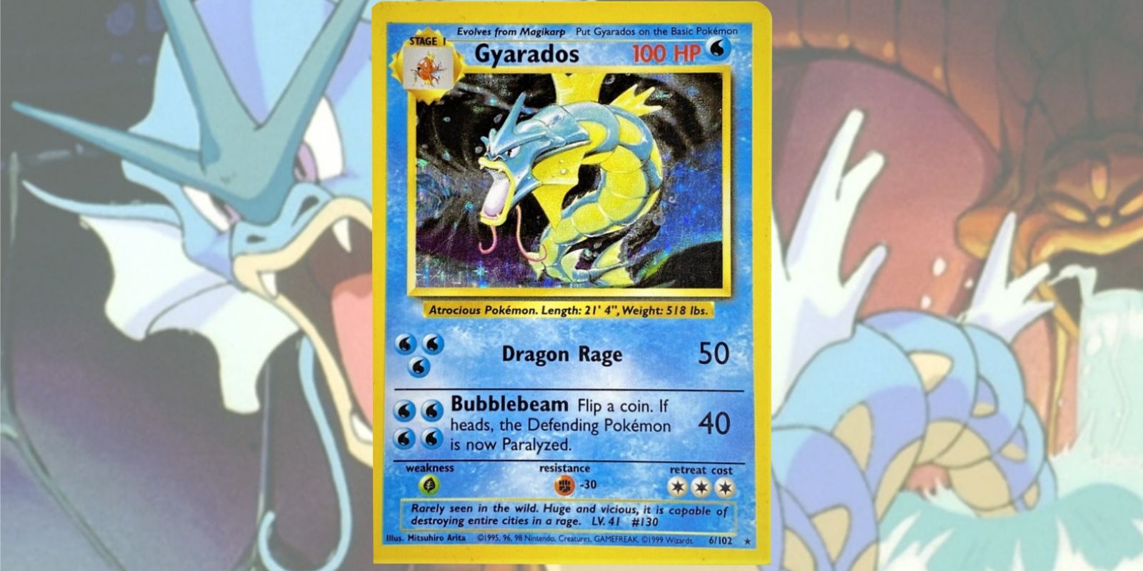 Gyarados Base Set Pokemon TCG Card em uma imagem de fundo de Gyarados da série animada original de Pokémon de 1997.