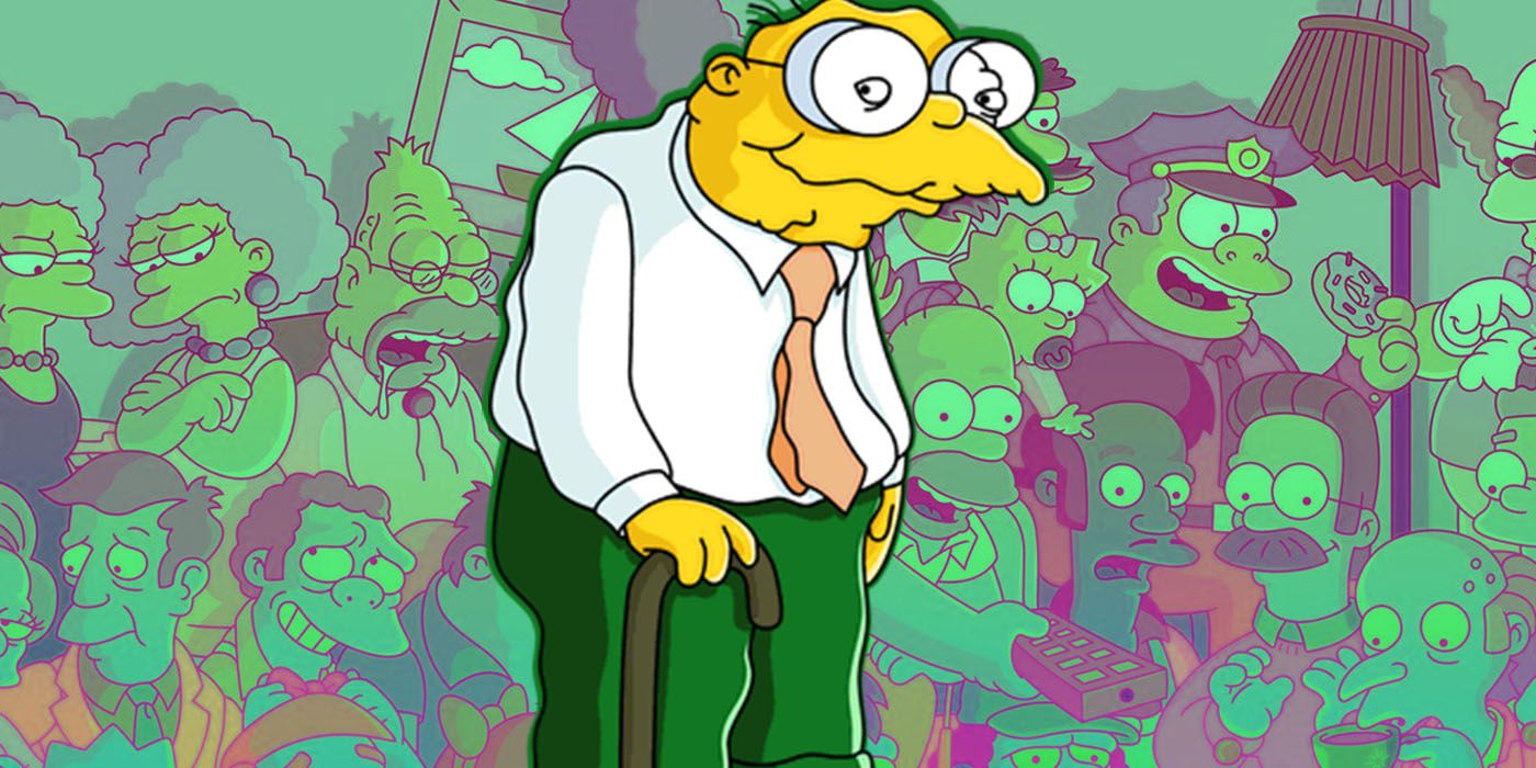 The Simpsons' Hans Moleman in front of an image of the show's extended cast