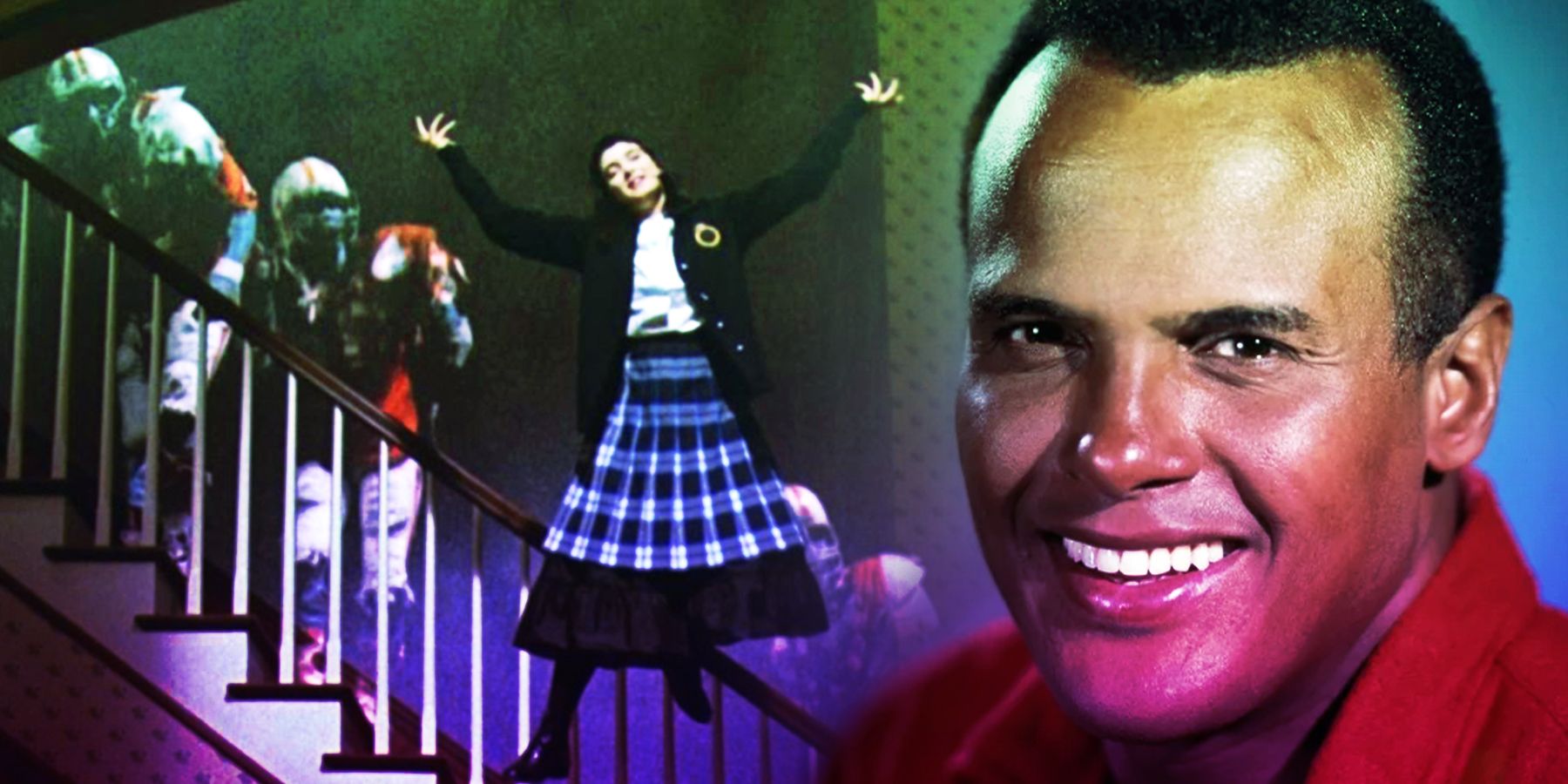 Harry Belafonte next to an image of Beetlejuice's zombie football players on the stairs.