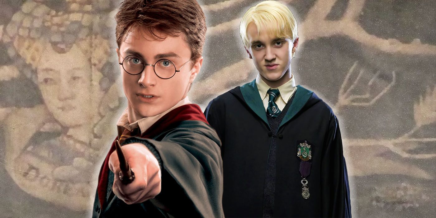 Harry Potter and Draco Malfoy in front of Dorea and Charlus Potter on the Black family tree.