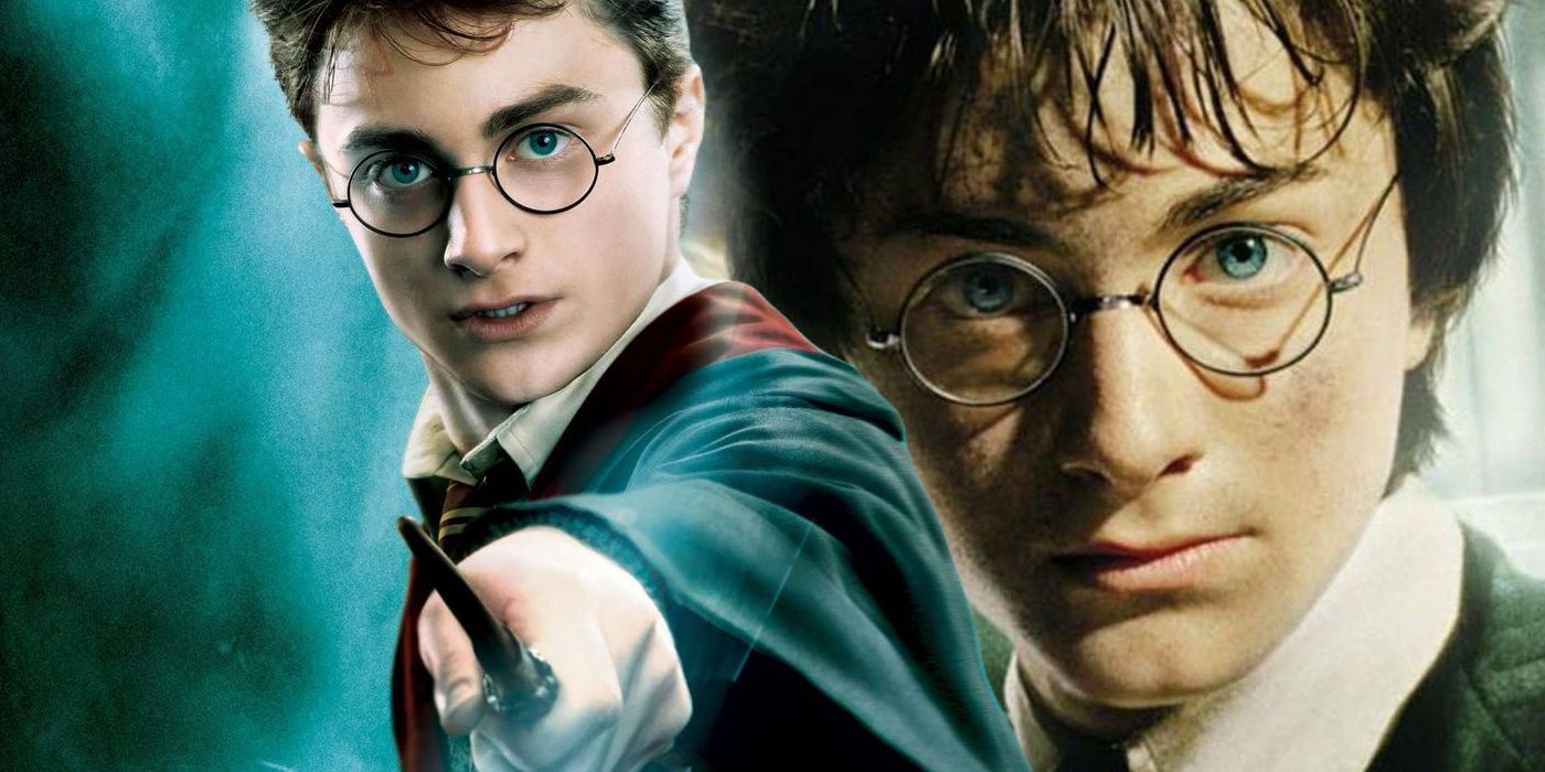 Split Image: Harry potter (Daniel Radcliffe) pointing his wand; young Harry in the Sorcerer's Stone