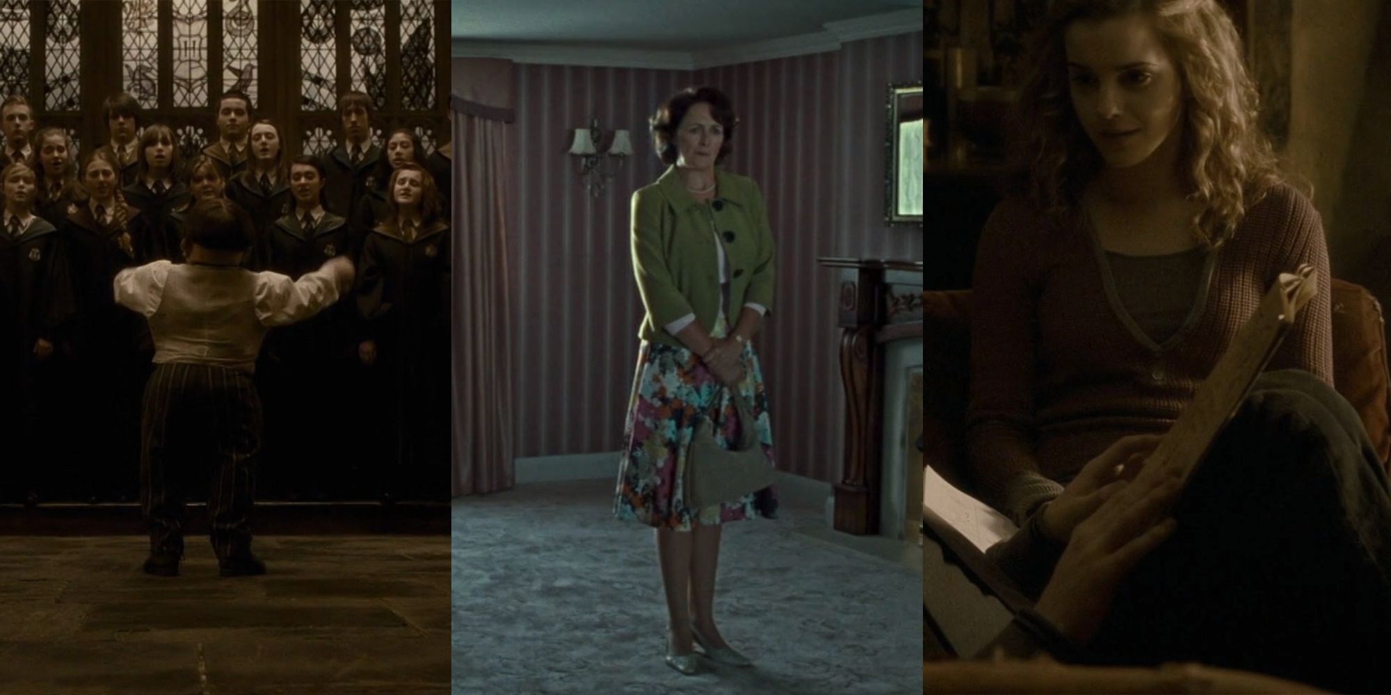 Split image of Flitwick and choir, Aunt Petunia, Hermione in Harry Potter