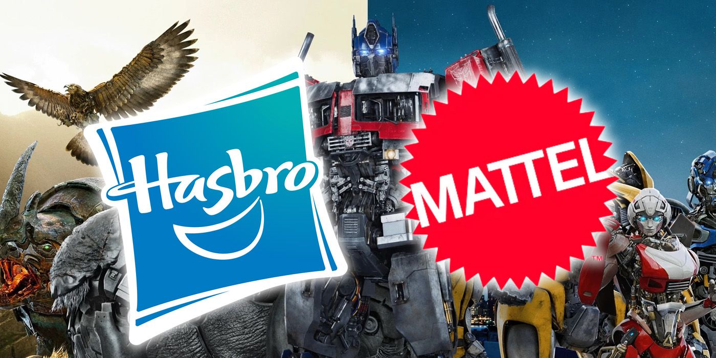 Hasbro and Mattel company logos in front of select Transformers from the upcoming Rise of the Beasts film.