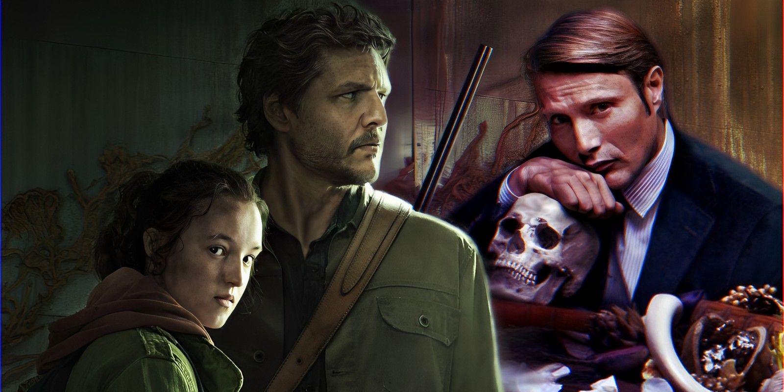 The Last of Us' Ellie and Joel with Hannibal Lecter and skull.