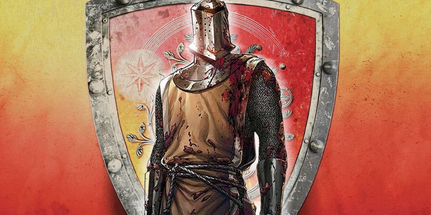 Drawing of Ser Duncan, the Hedge Knight, standing in front of his shield