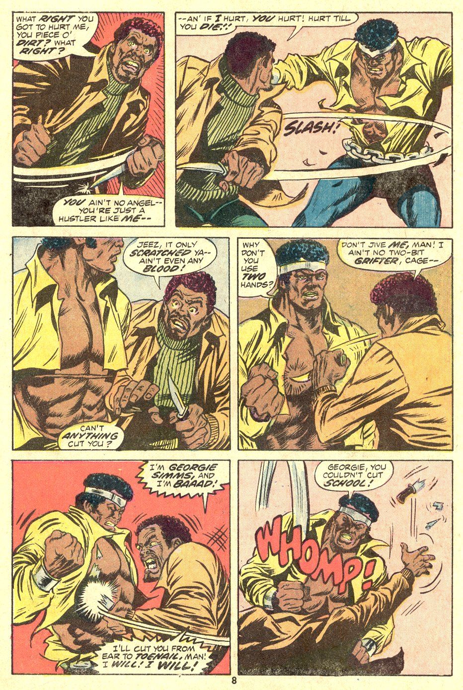 Luke Cage fights against a crook who tries to stab him